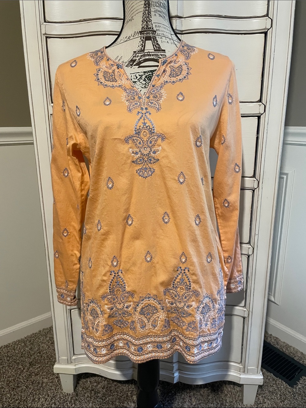 Sigrid Olsen Peach Embroidered Long-Sleeve Tunic size S